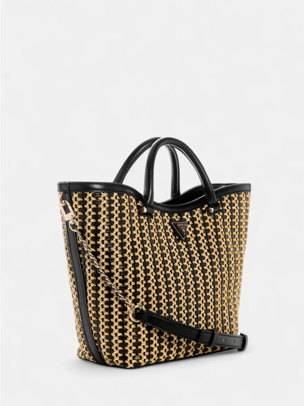 New Guess Black & Tan Woven Tote with Chain-Detail Strap